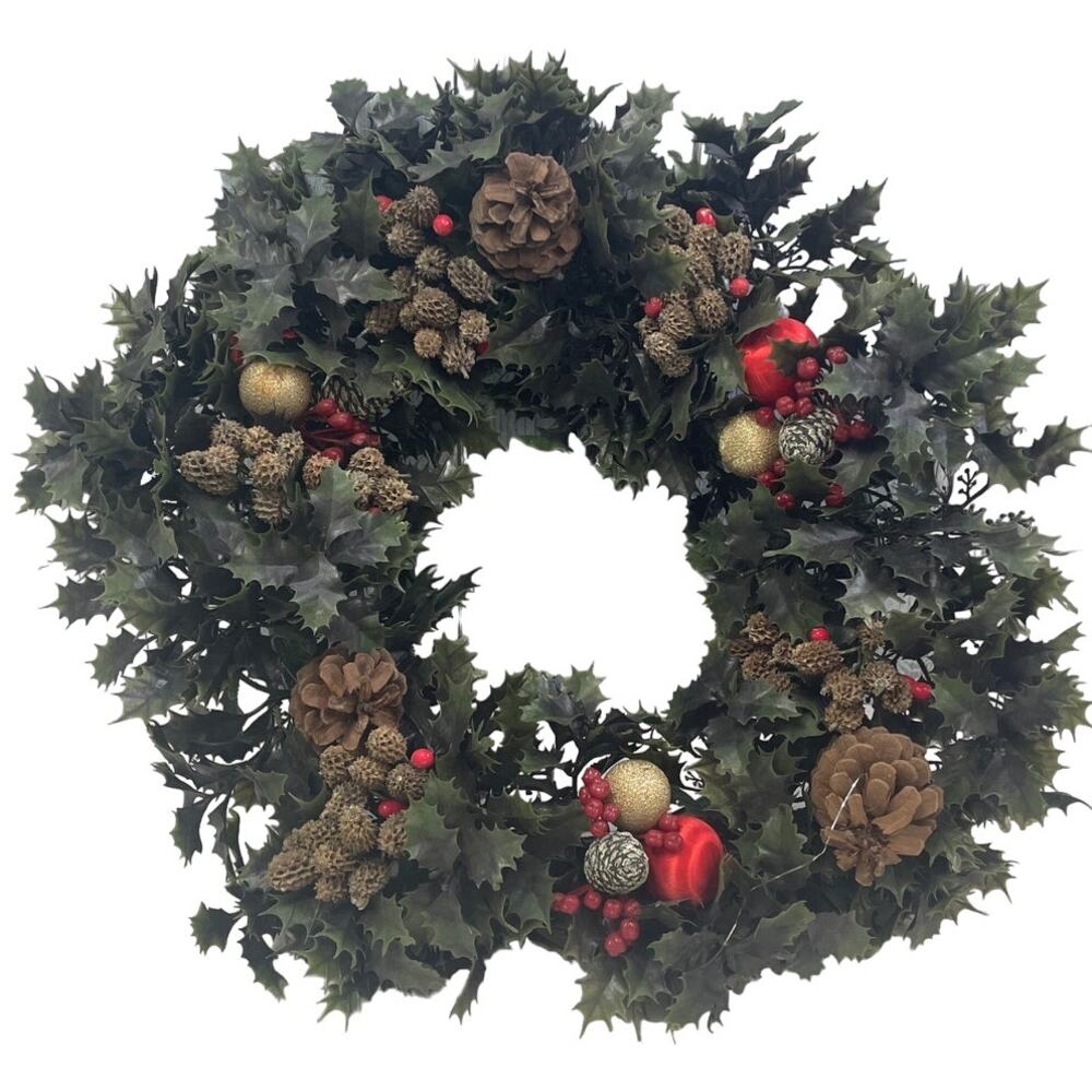 Plastic Holly Pine Cone Berries Christmas Ornament Front Door Tabletop Wreath